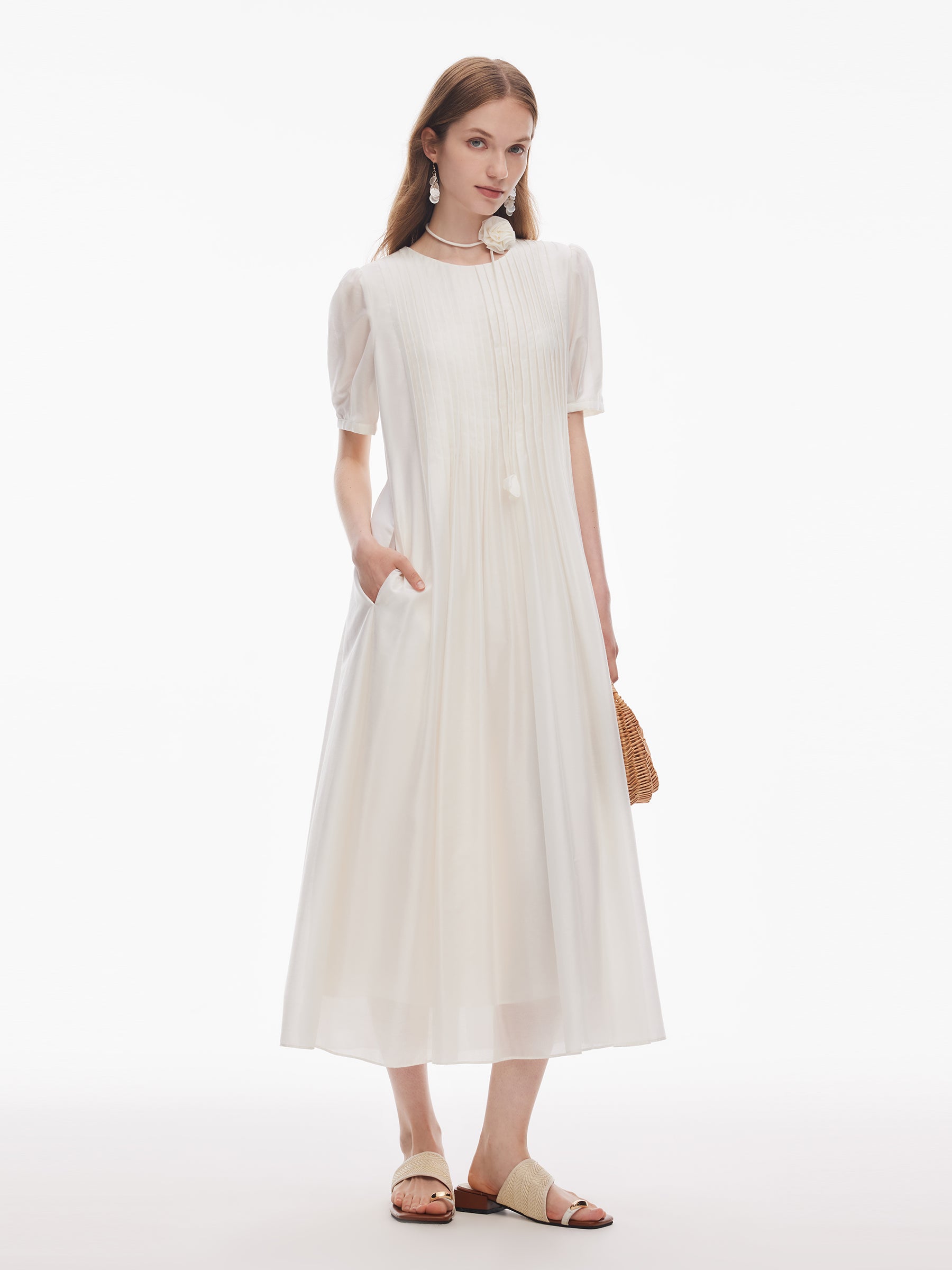 Tencel Blend Pleated Women Loose A-Line Maxi Dress GOELIA