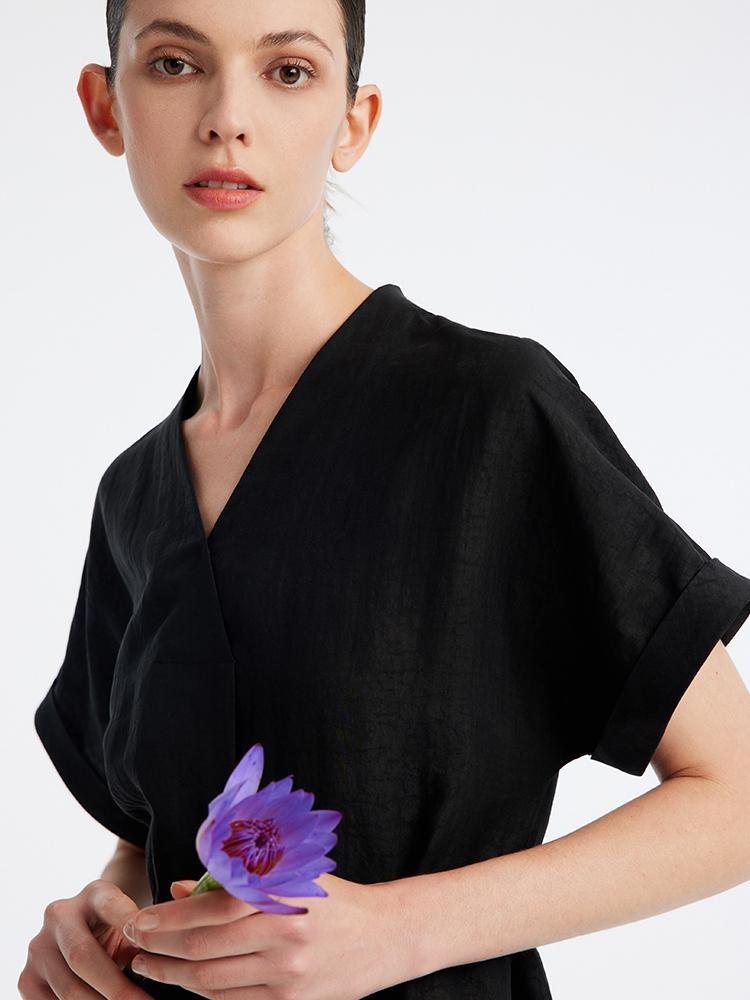 Xiang Yun Silk Black V-Neck Midi Dress GOELIA