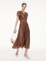 Tencel Blend Twist Front V-Neck Women Maxi Dress GOELIA