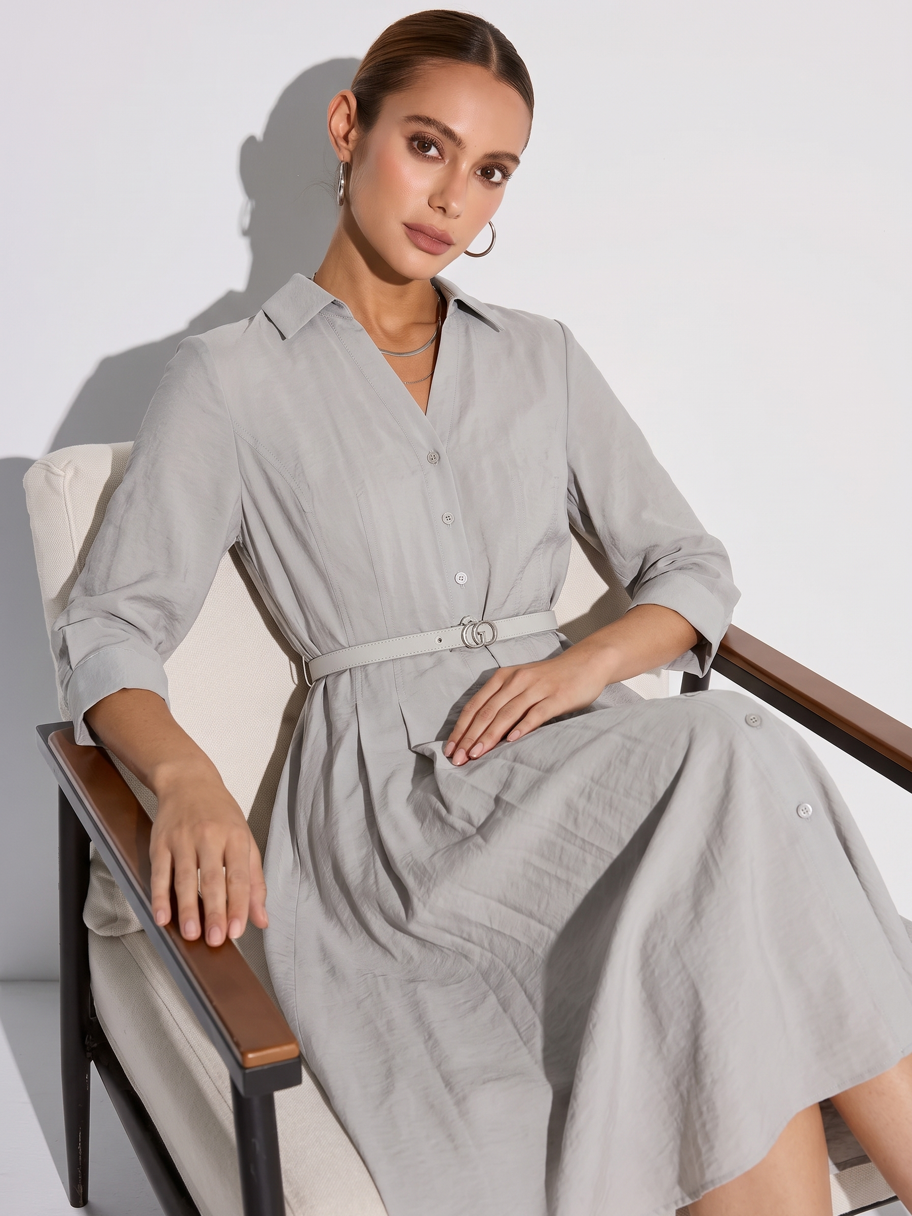Triacetate Blend Women Belted Maxi Shirt Dress GOELIA
