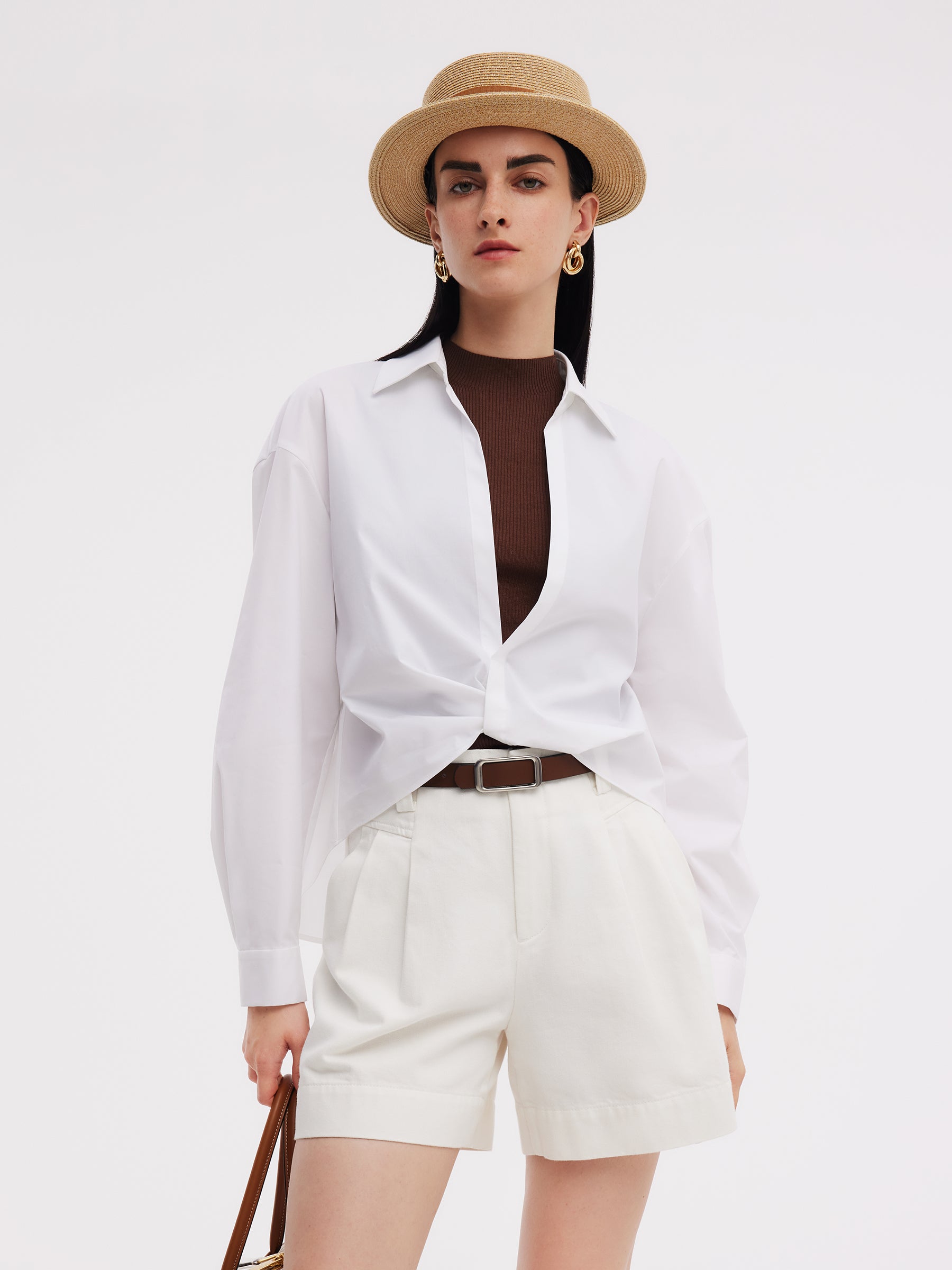 Twist Front Shirt And Mock Neck Knit Tank Two-Piece Set GOELIA