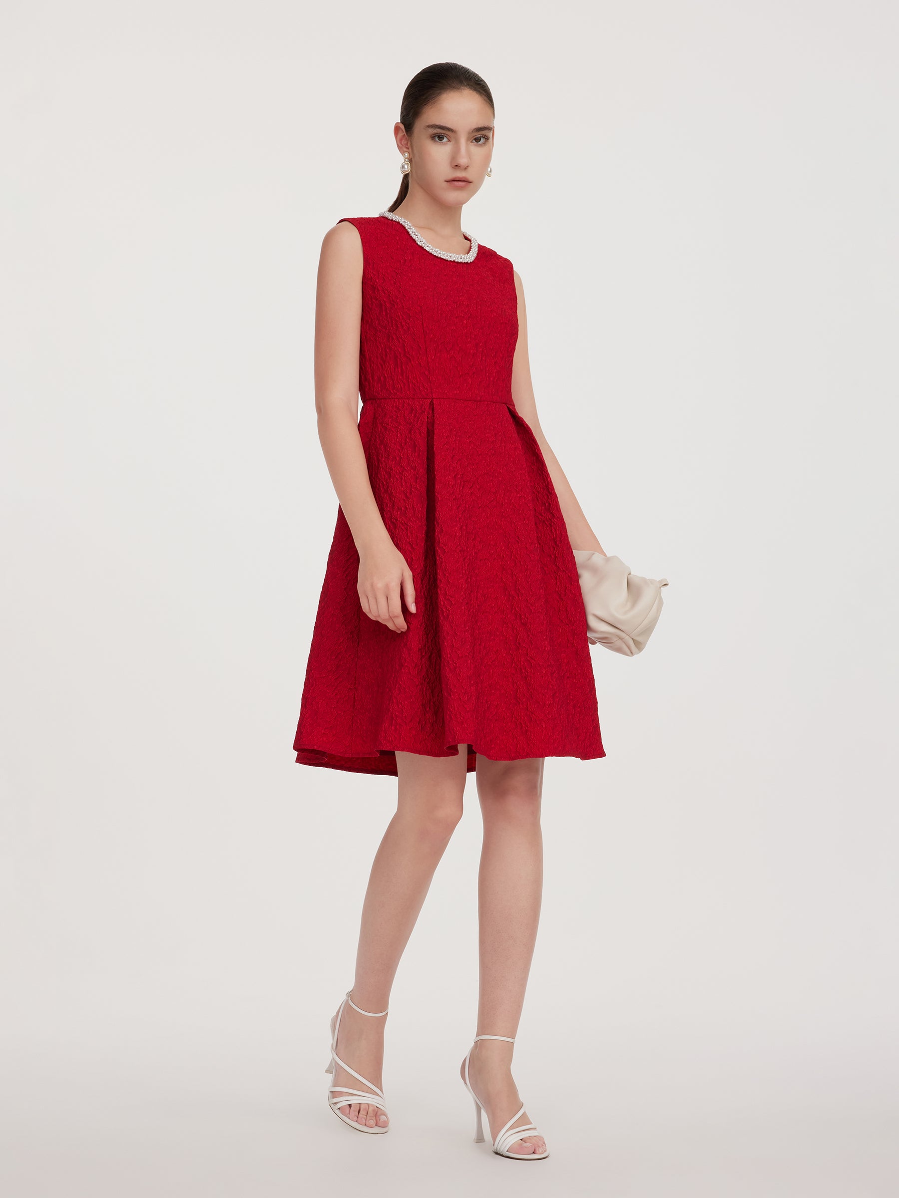 Jacquard Beaded Round Neck Women Sleeveless Mini Dress GOELIA