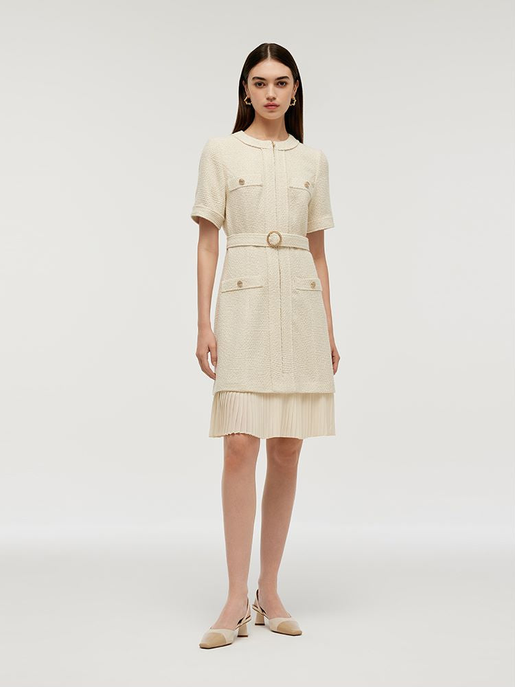 Tweed Slit Mini Dress with Detachable Belt