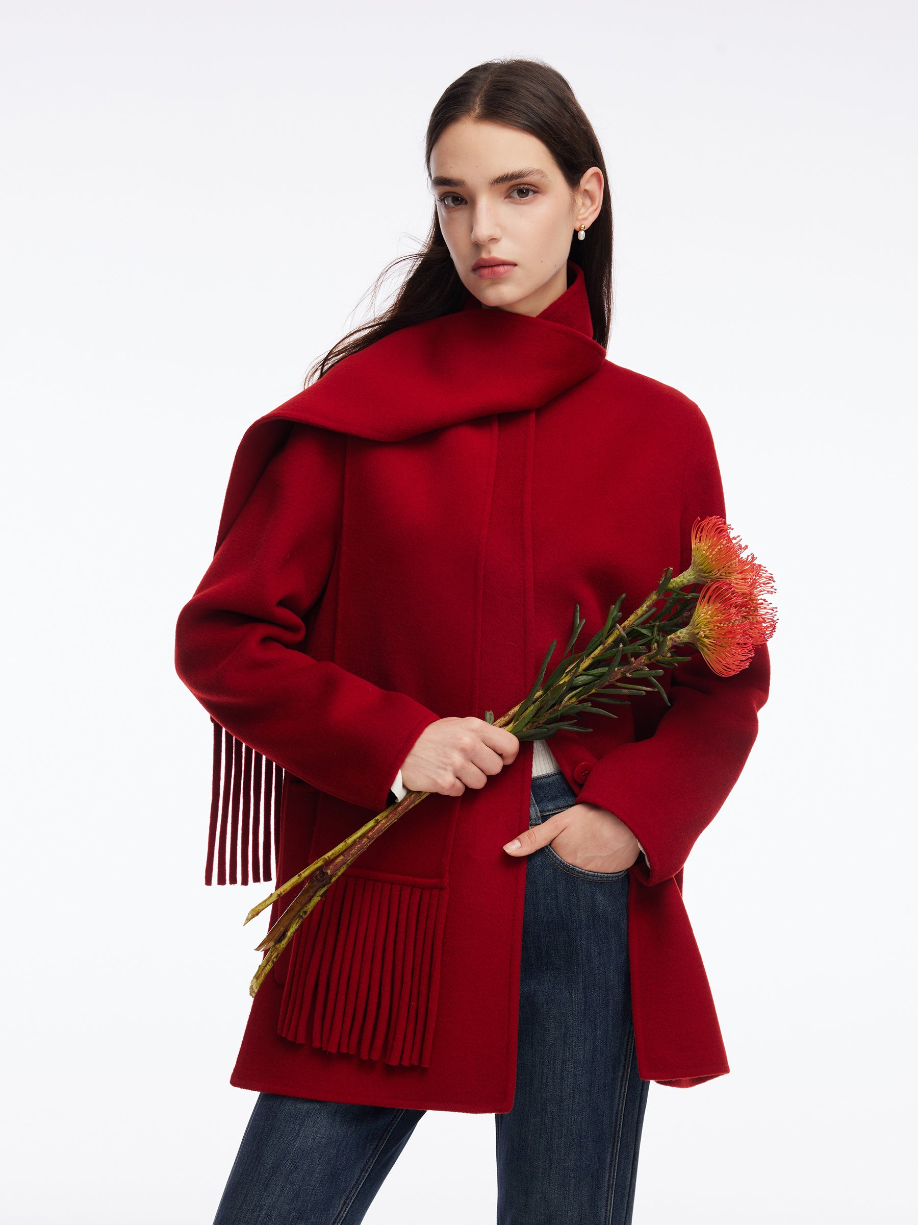 Tencel Wool Blend Double-Faced Women Coat With Fringe Scarf GOELIA