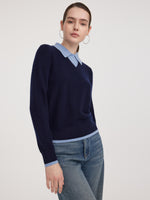 100% Wool Color Block Faux Two-Piece Women Sweater GOELIA