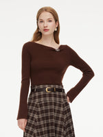 Wool Blend Boat Neck Women Knit Top With GO Letter Clip GOELIA