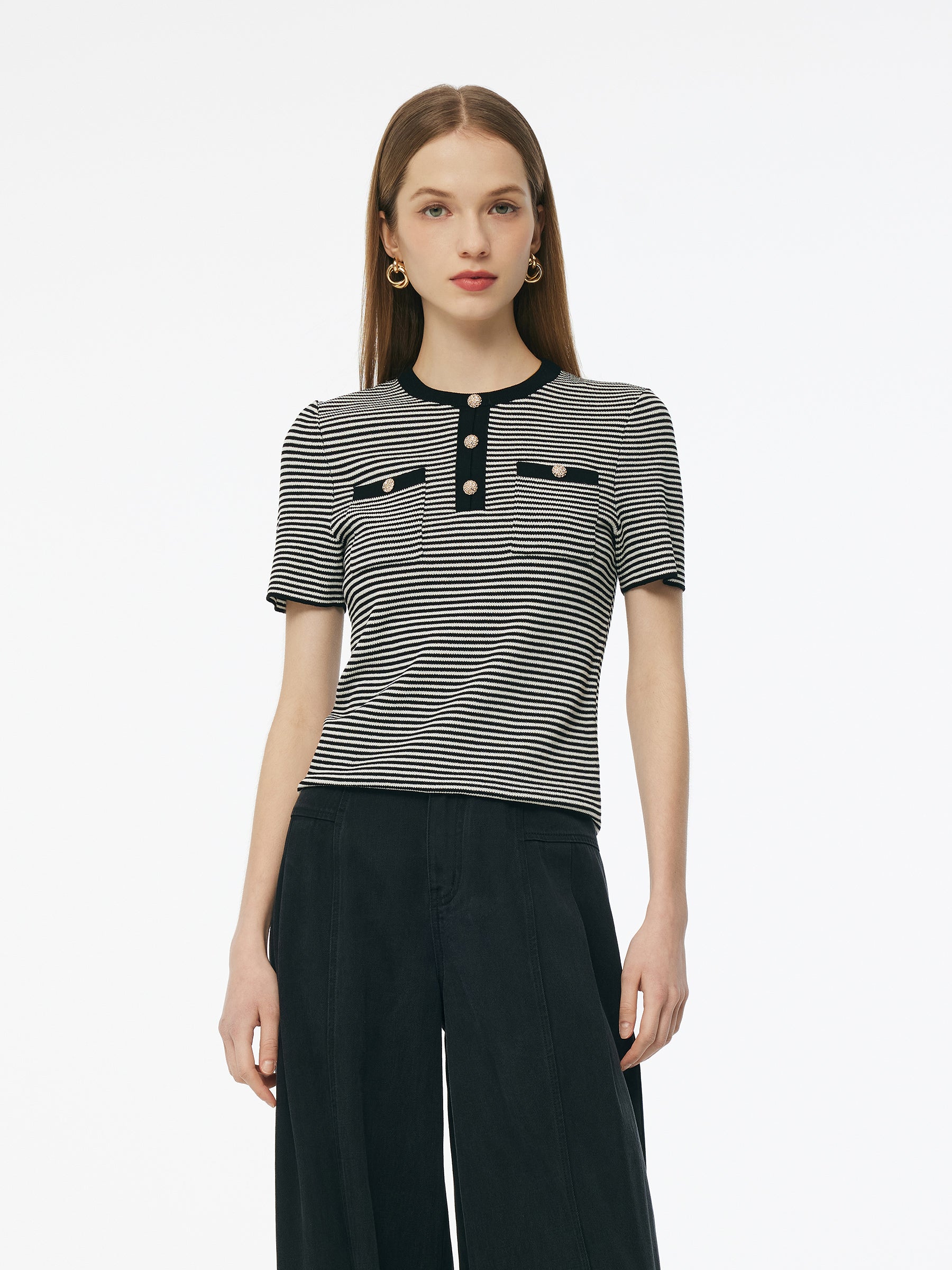 Tencel Blend Black And White Stripe Women Knit Top GOELIA