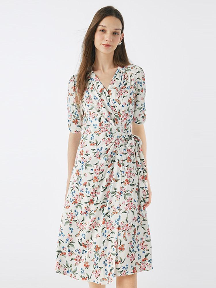 19 Momme Silk V-Neck Lace Up Midi Dress GOELIA