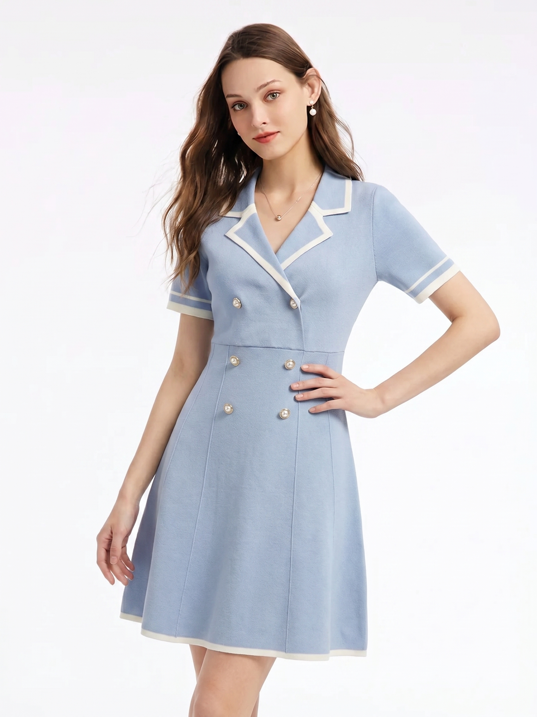 Tencel Blend Contrast Trim Women Lapel Knit Mini Dress GOELIA