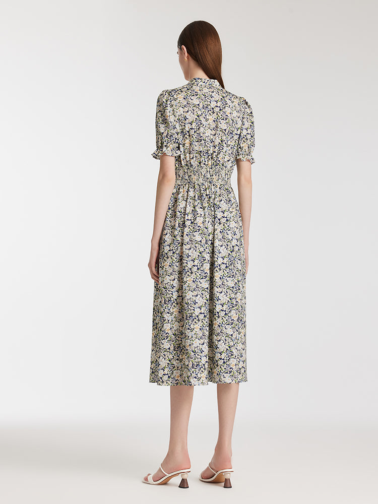 Floral Printed V-Neck Puff Sleeves Women Midi Dress – GOELIA