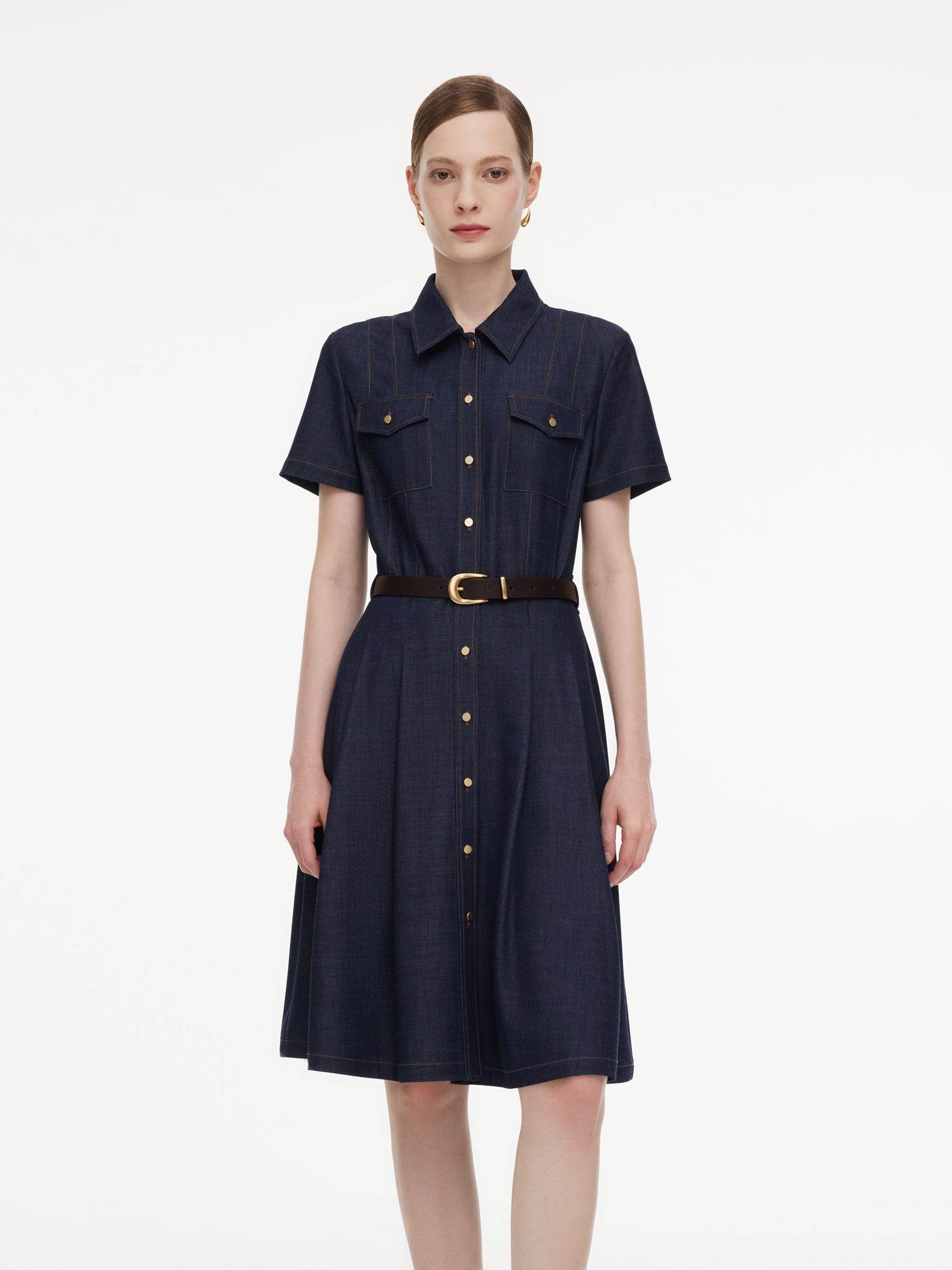 Gather-Waisted Women Midi Shirt Dress With Leather Belt GOELIA