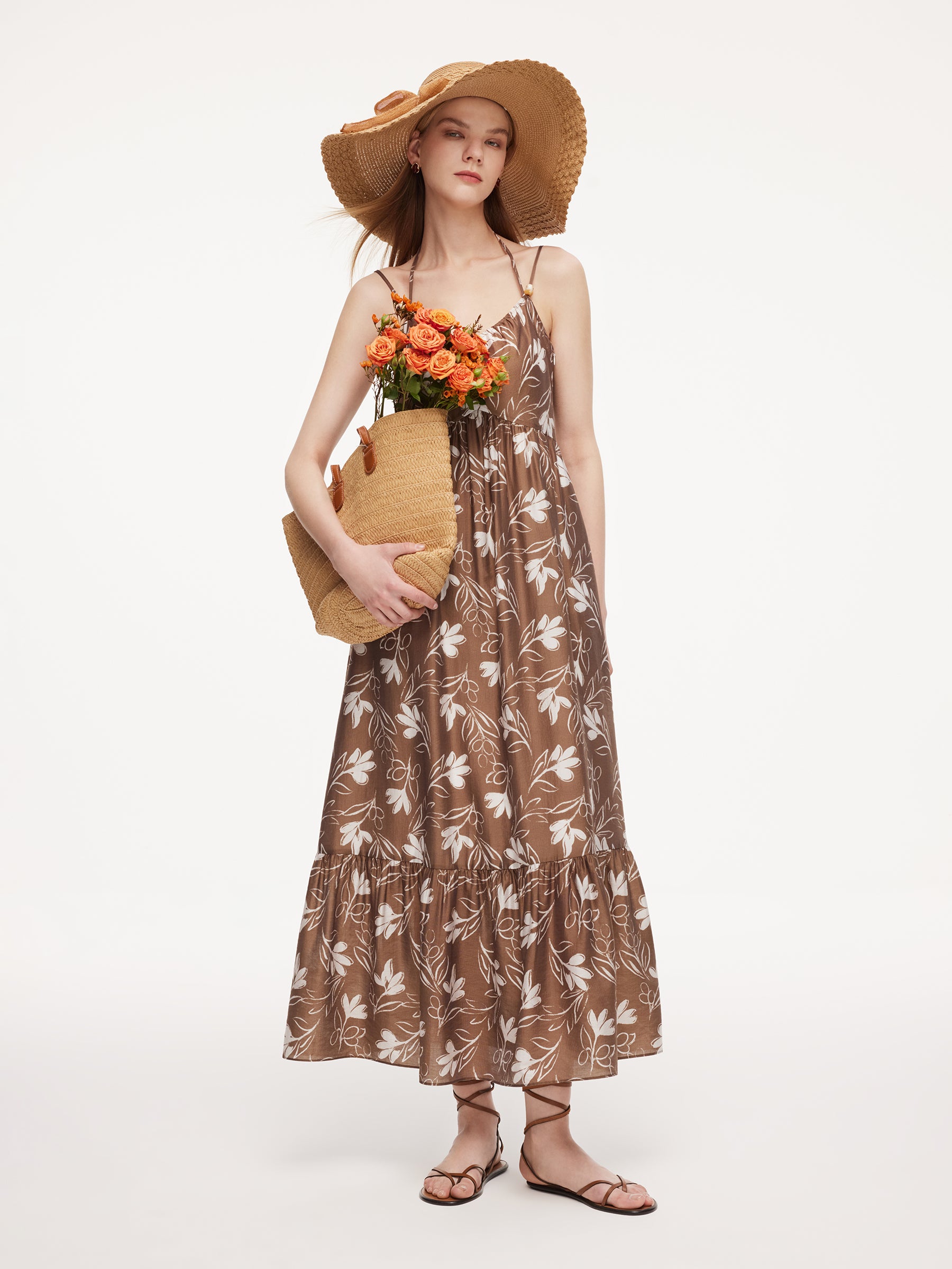 Tencel Blend Floral Print Women Strap Maxi Dress GOELIA