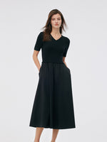 Tencel V-Neck Patchwork Women Midi Dress GOELIA