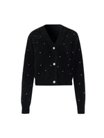 Black V-Neck Rhinestone Knitted Women Cardigan GOELIA