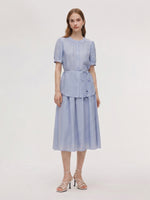 Acetate Blend Blouse And A-Line Skirt Belted Two-Piece Set GOELIA
