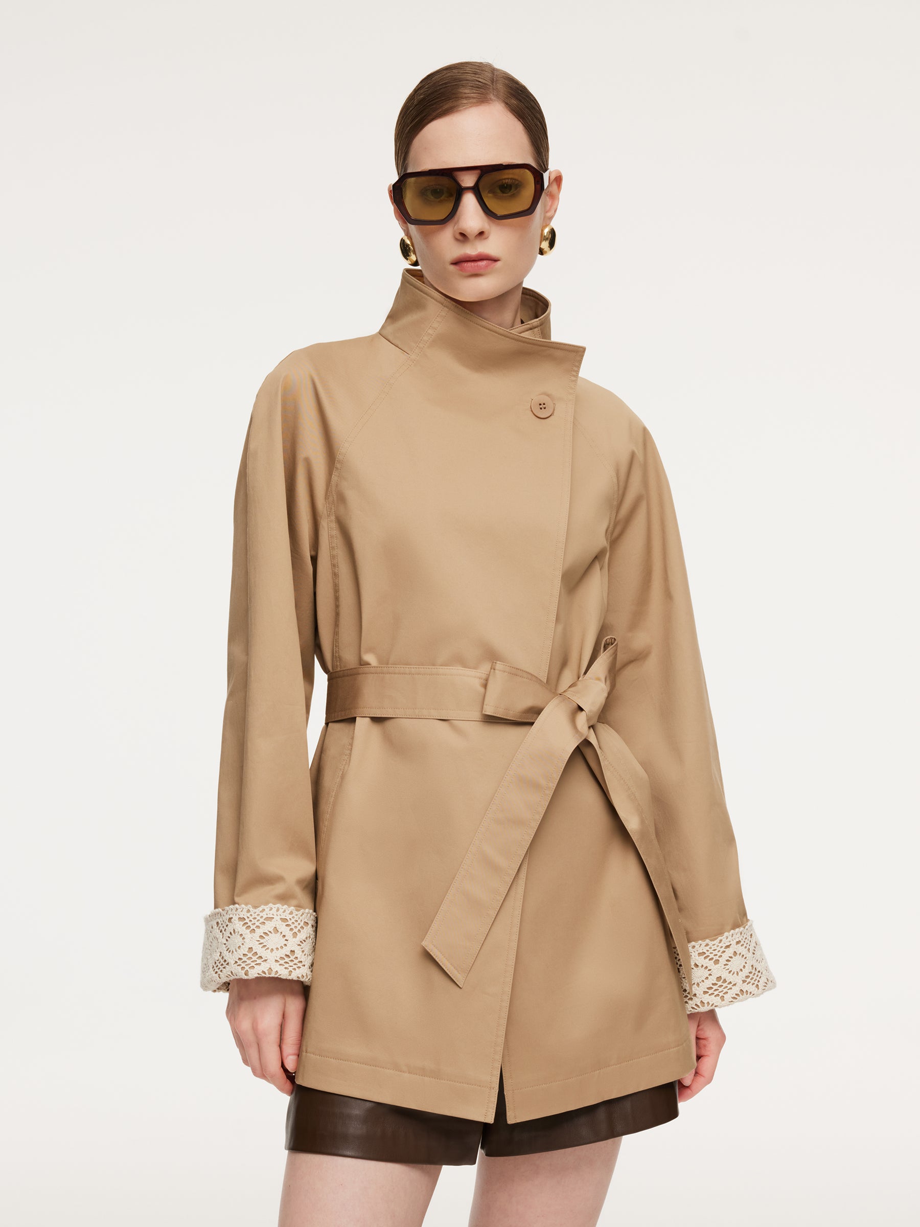 [Preview] Cotton Stand Collar Lace Cuffs Women Self-Tie Belt Trench Coat GOELIA