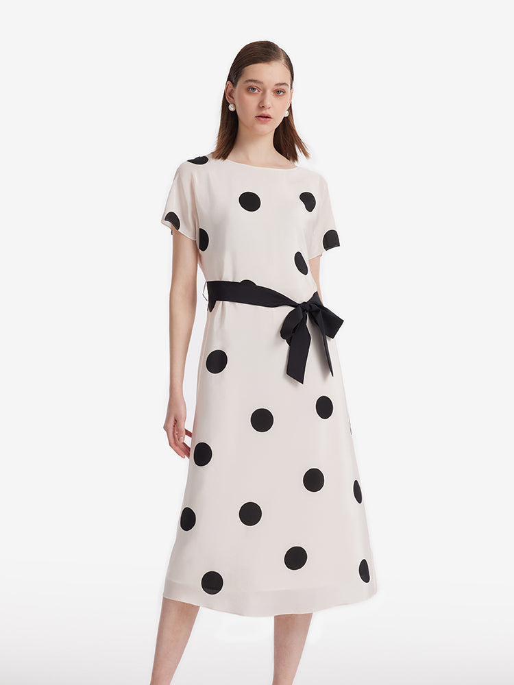 16 Momme Mulberry Silk Boat Neck Polka Dots Printed Women Midi Dress With Belt And Scrunchie GOELIA