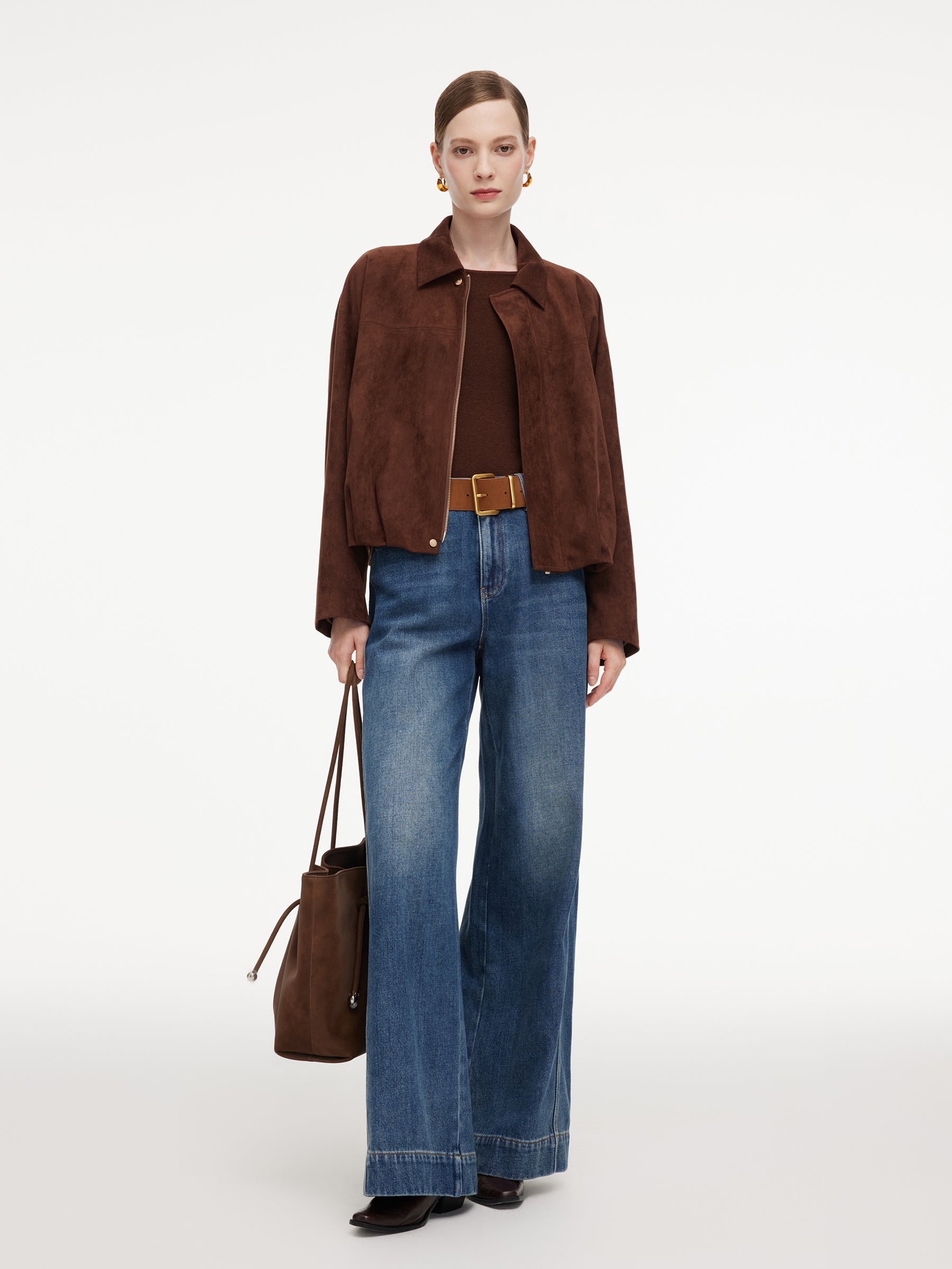 Faux Suede Bubble Hem Women Zip-Up Cropped Jacket GOELIA
