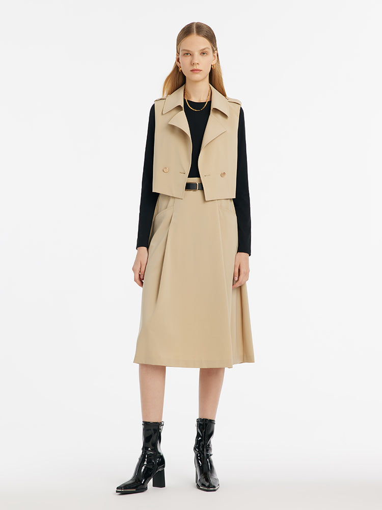 Patchwork Midi Dress And Vest Coat Two-Piece Set With Belt GOELIA