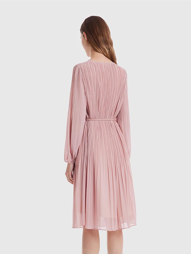 Pink Ruched Midi Dress With Belt GOELIA