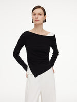 Boat Neck Asymmetrical Hem Women Color Block Knit Top GOELIA