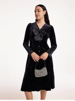 V-Neck Detachable Bowknot Velvet Midi Dress GOELIA