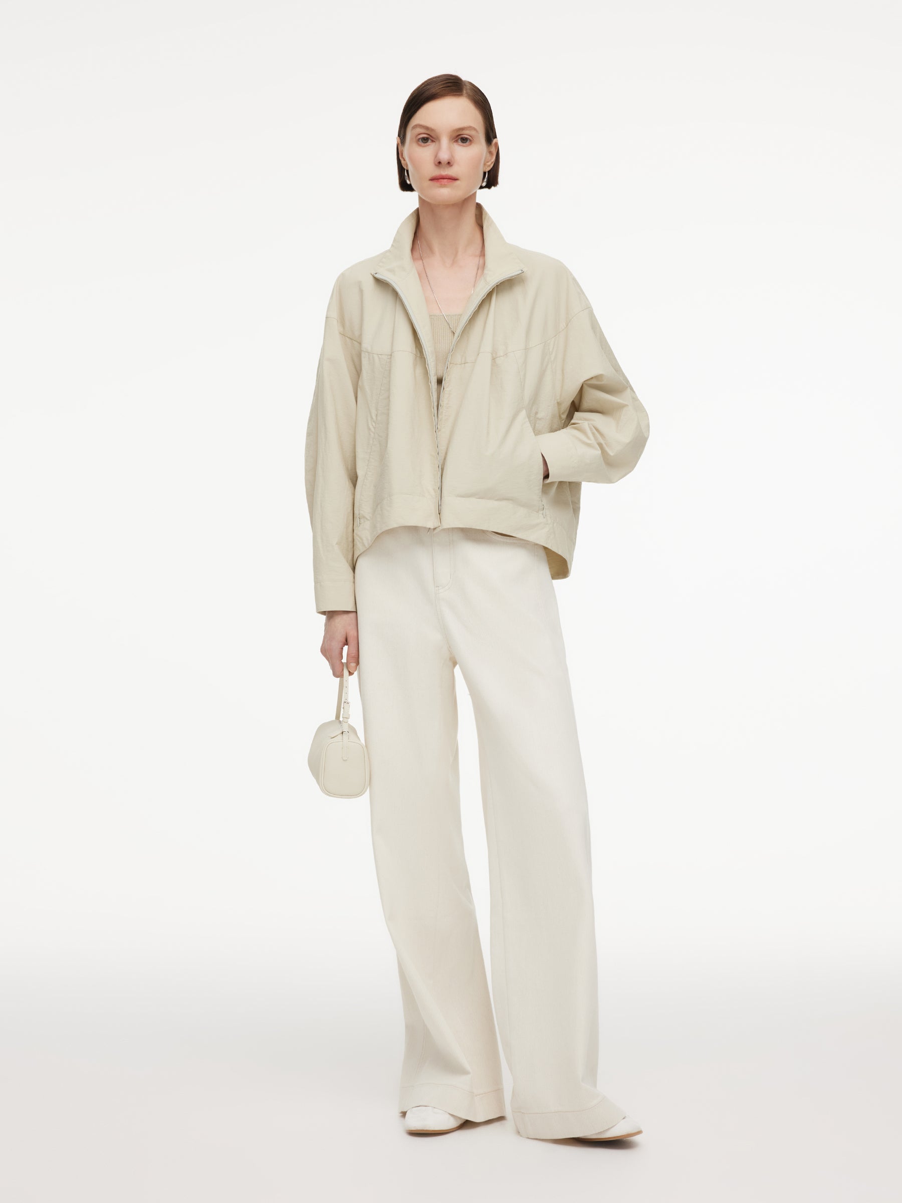 Cotton Blend Zip-Up Women Cocoon Cropped Jacket GOELIA