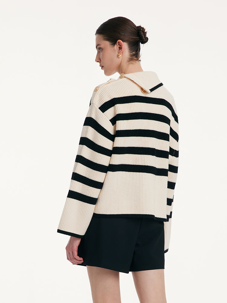 Thermostatic Wool Loose Striped Button-Shoulder Sweater GOELIA