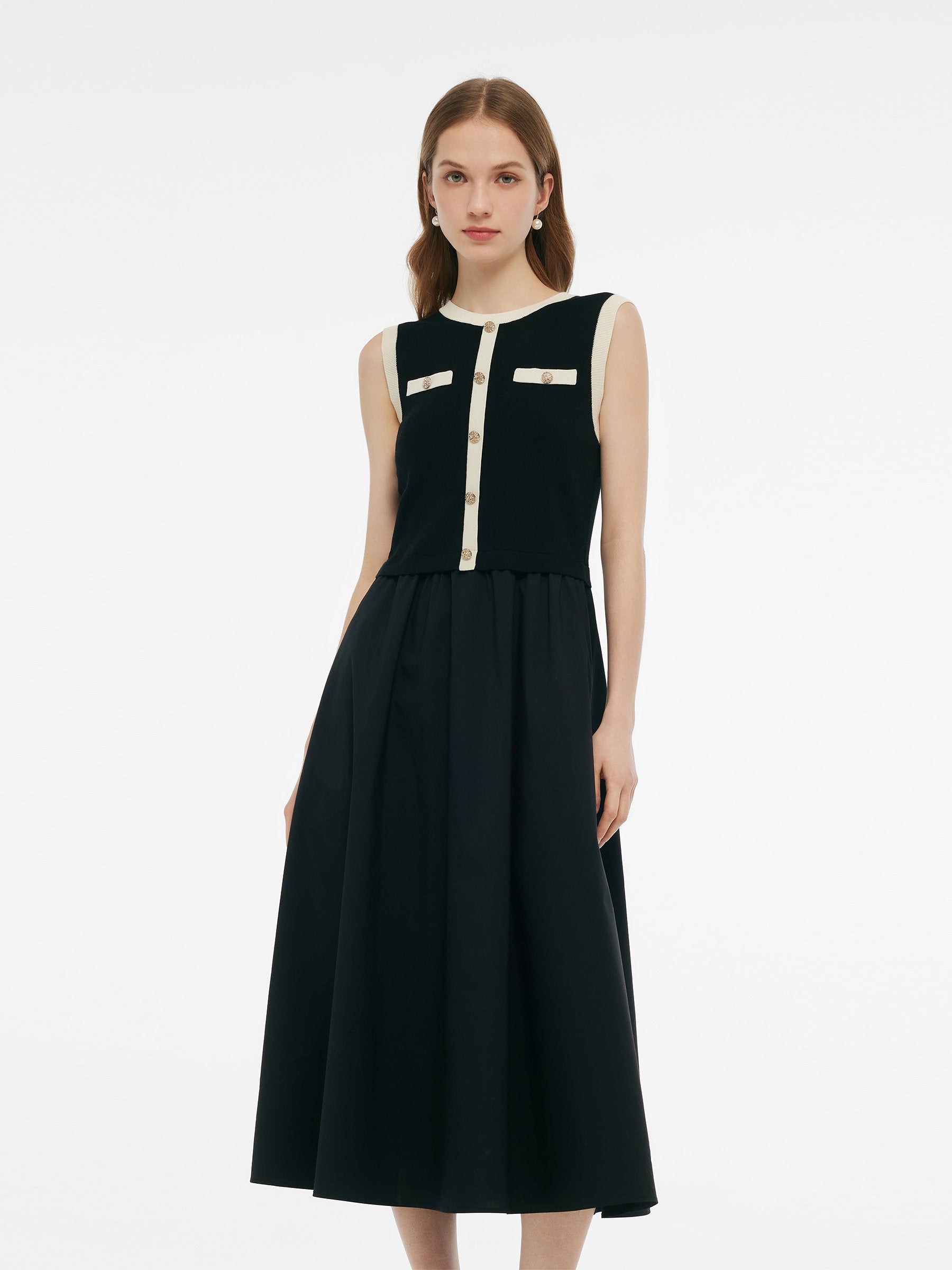 Lyocell Contrast Trim Patchwork Women Vest Midi Dress GOELIA