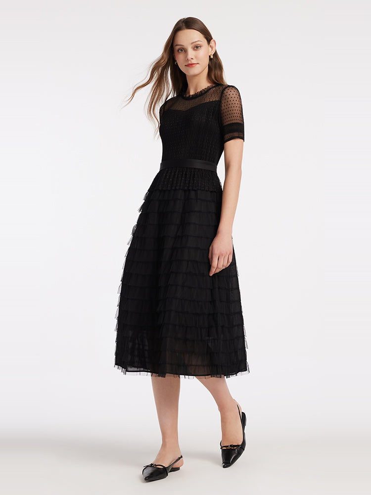 Short Sleeve Tulle Tiered Maxi Dress GOELIA