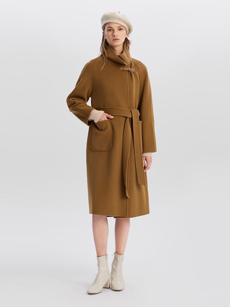 Pure Double-Faced Wool Wrapped Women Coat With Patch Pockets GOELIA