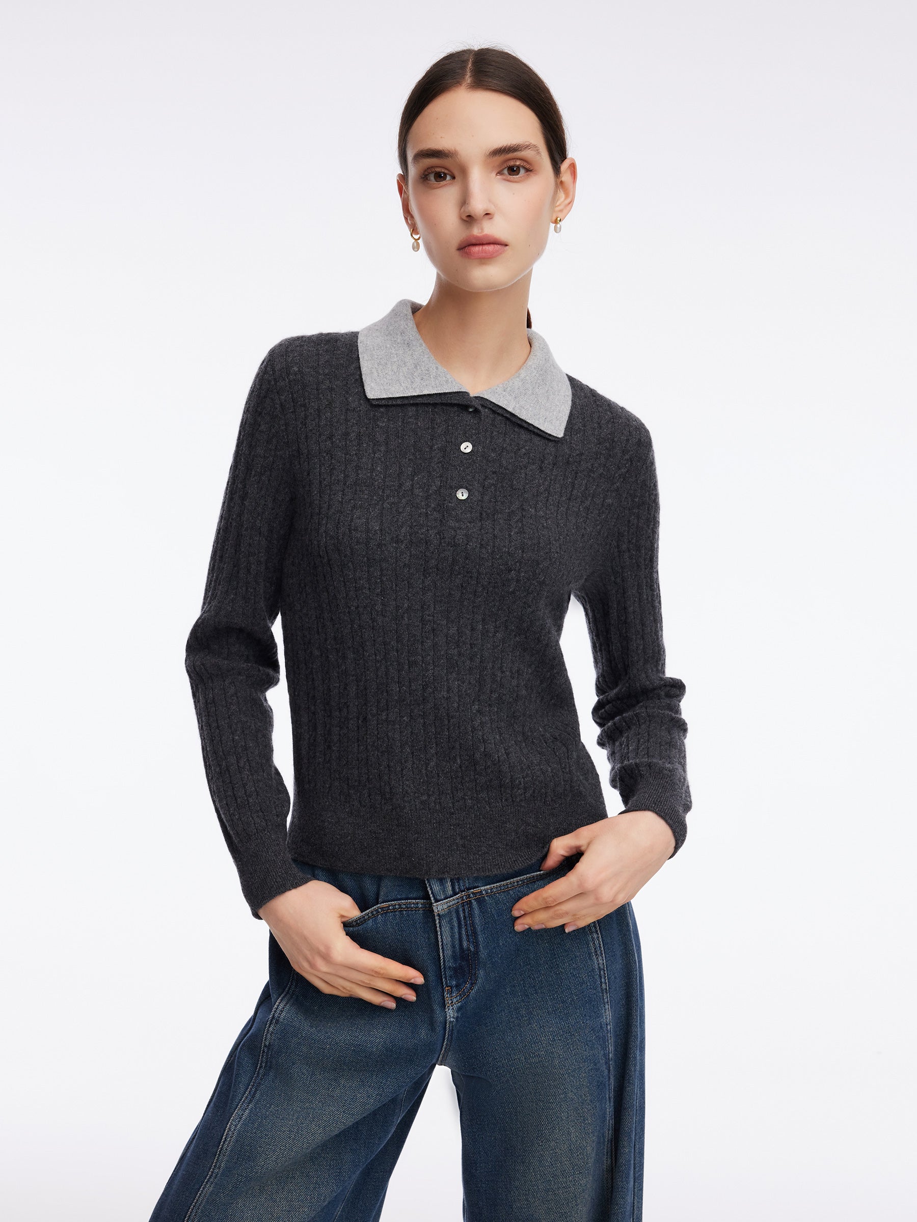 100% Wool Faux Two-Piece Lapel Women Knit Top GOELIA