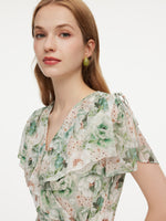10MM Mulberry Silk Floral Print Ruffled Sleeve Women Wrap Maxi Dress GOELIA