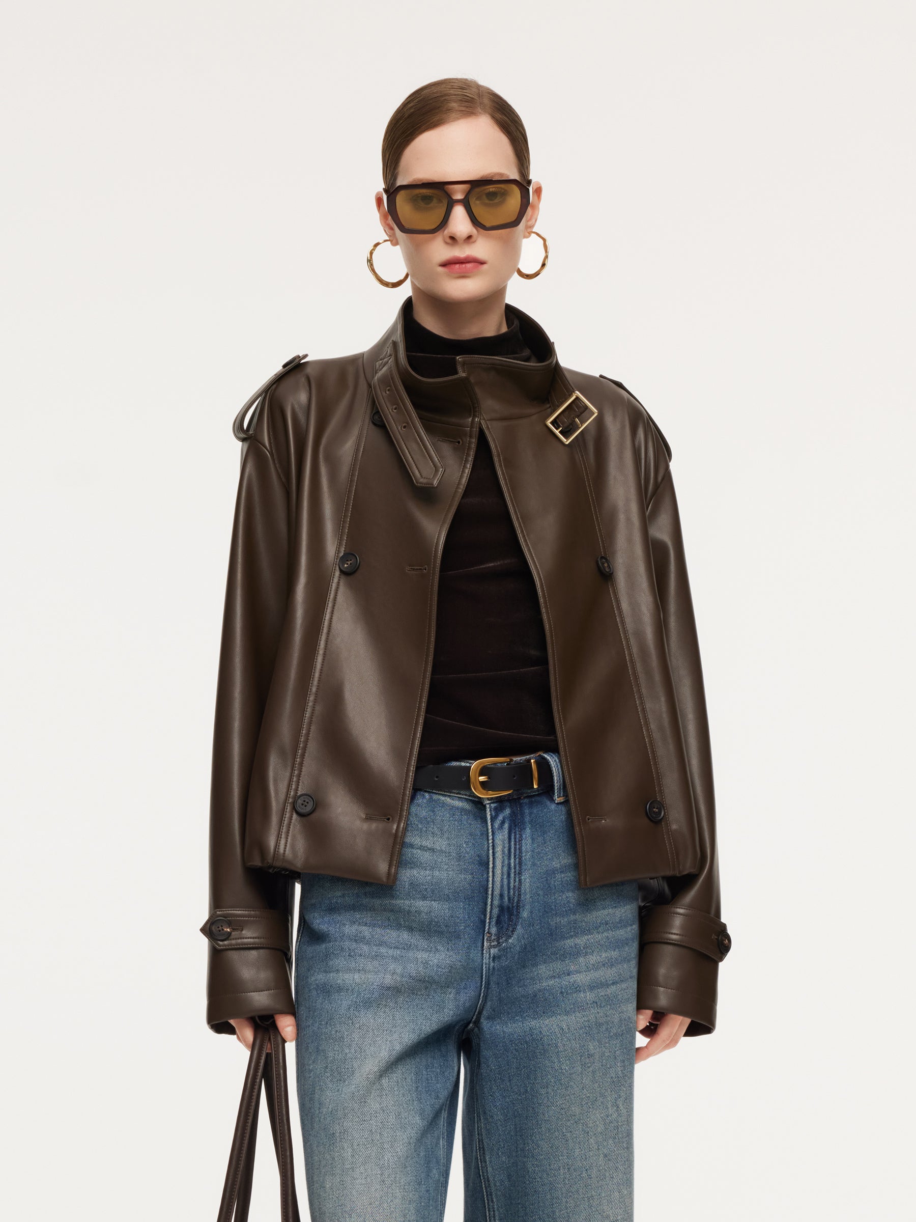 [Preview] PU Leather Double-Breasted Women Trench Jacket GOELIA