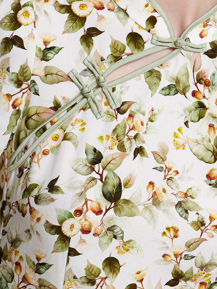 Tencel Linen Floral Cheongsam Dress GOELIA