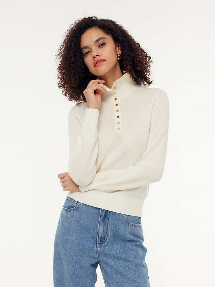 100% Wool Half Button Turtleneck Women Sweater GOELIA