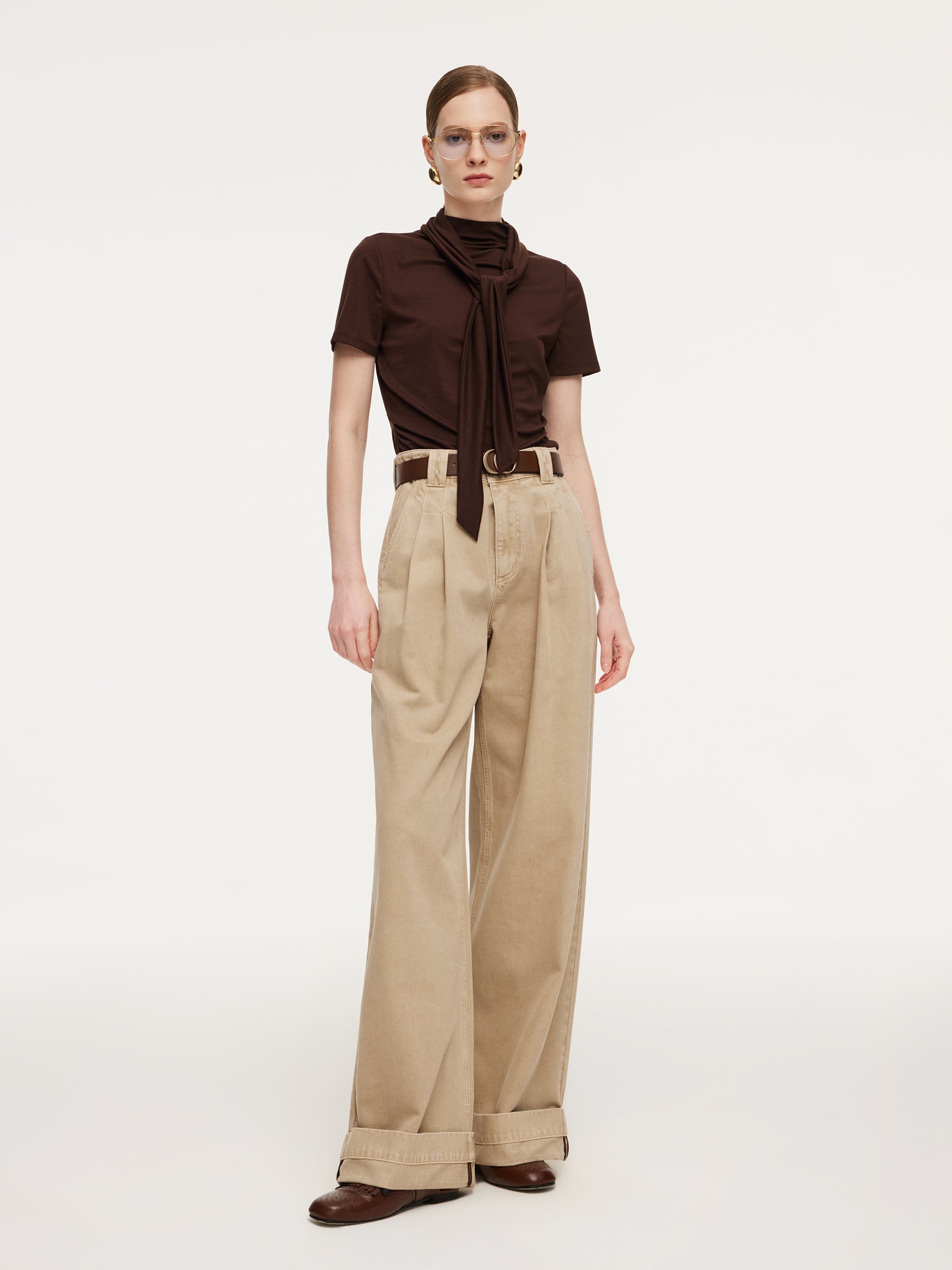 [Preview] Lyocell Blend Mock Neck Ruched Women Knit Top With Triangle Scarf GOELIA