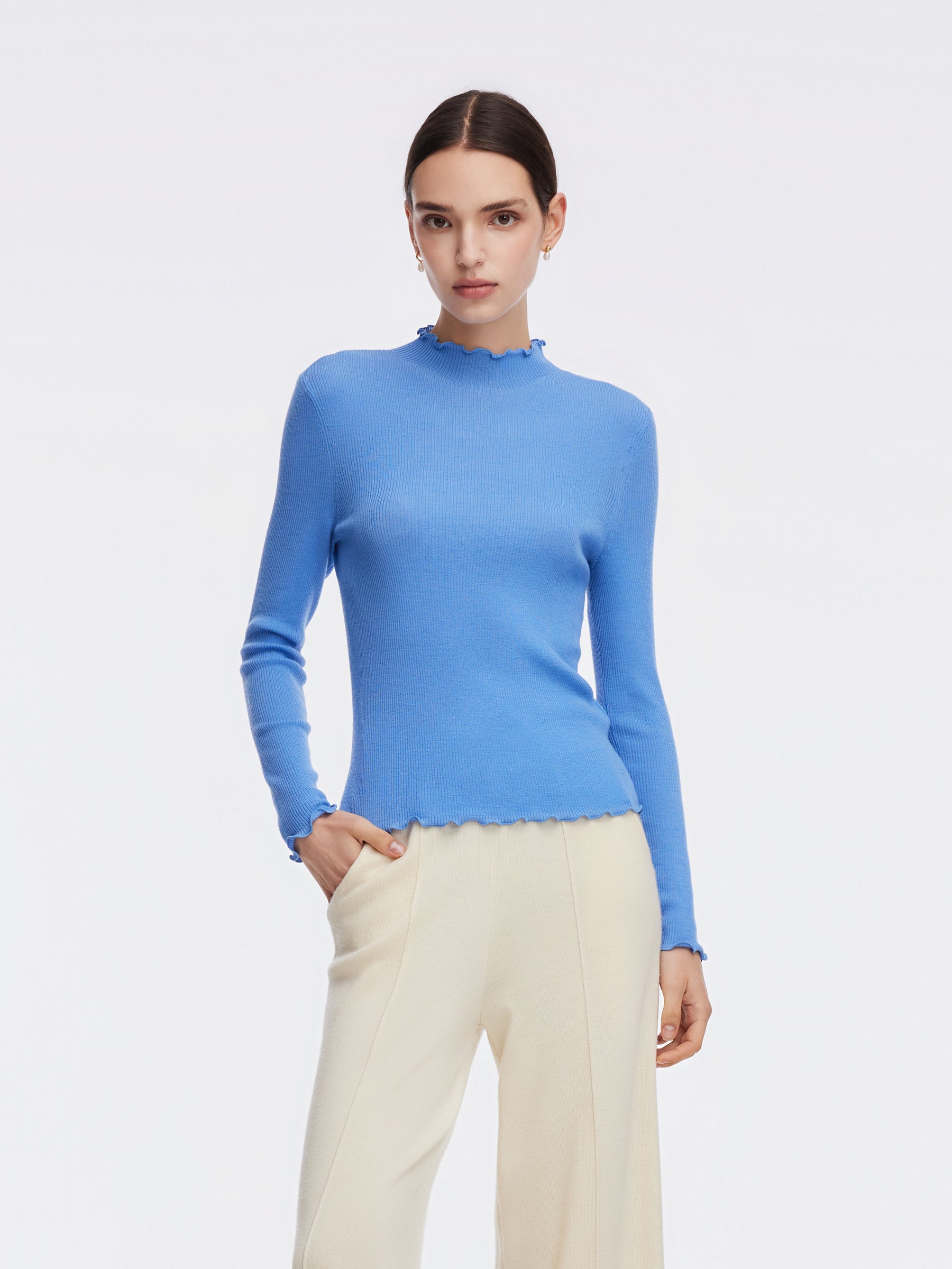 100% Machine Washable Wool Ruffle Mock Neck Women Knit Top GOELIA