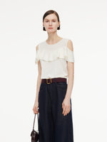 [Preview] Tencel Blend Ruffle Cold Shoulder Women Knit Top GOELIA