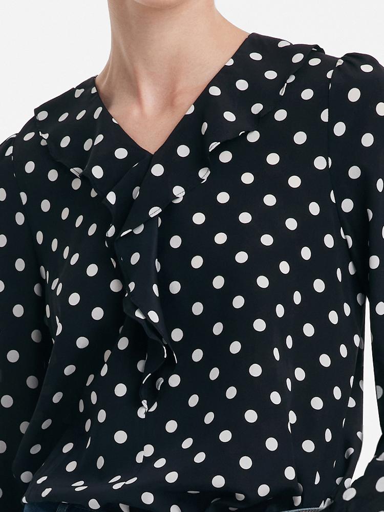 Mulberry Silk Polka Dots Ruffle Women Blouse GOELIA