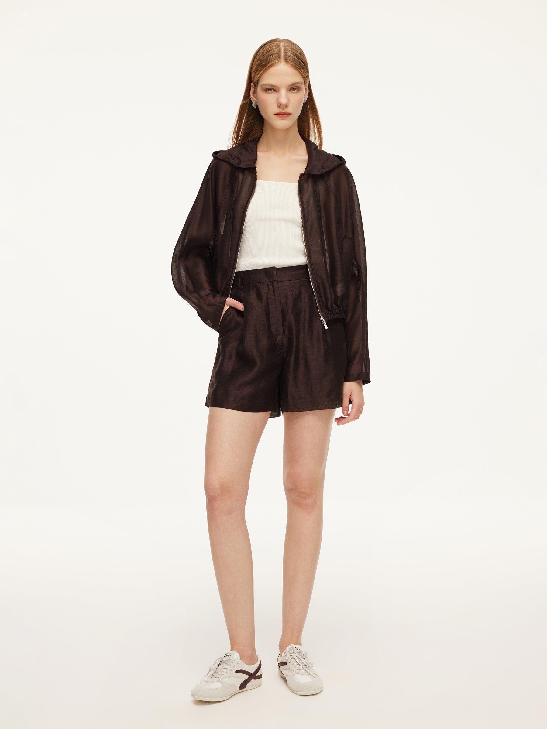 Tencel Linen Blend Women Sheer Hooded Jacket GOELIA