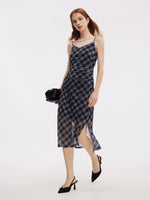 Plaid Adjustable Straps Slip Midi Dress And Cardigan Two-Piece Set GOELIA
