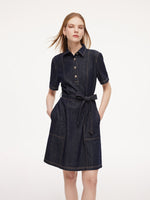 100% Cotton Denim Women A-Line Mini Shirt Dress With Self-Tie Belt GOELIA