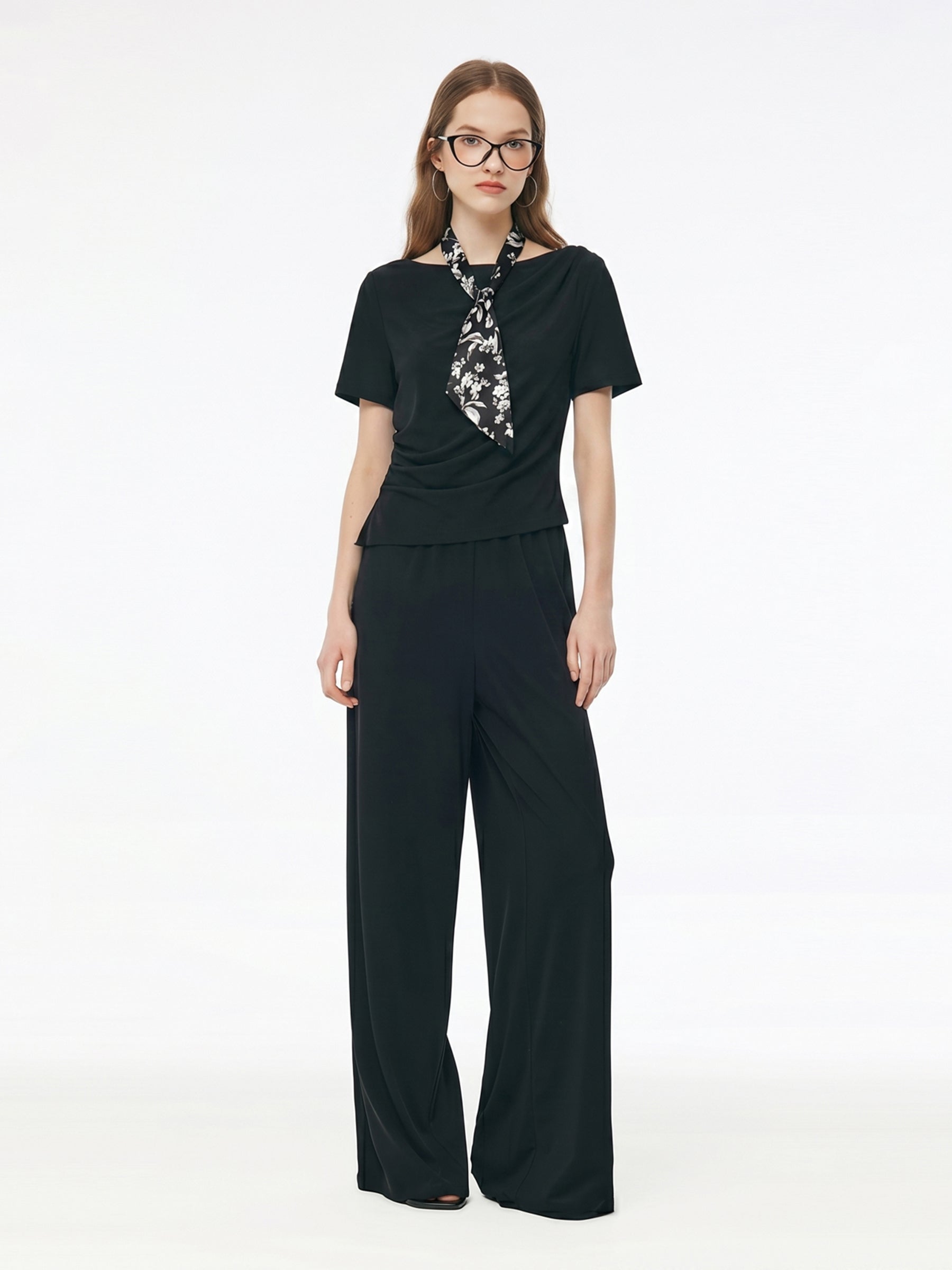 [Preview] Boat Neck Side Ruched Top And Pants Two-Piece Set With Floral Print Scarf GOELIA