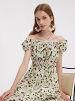 Acetate Blend Floral Print Adjustable Drawstring Neckline Women Maxi Dress GOELIA