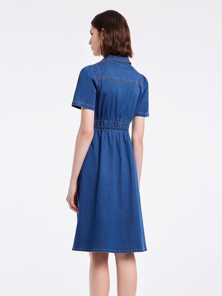 V-neck Gathered Waist Denim Midi Collared Dress GOELIA