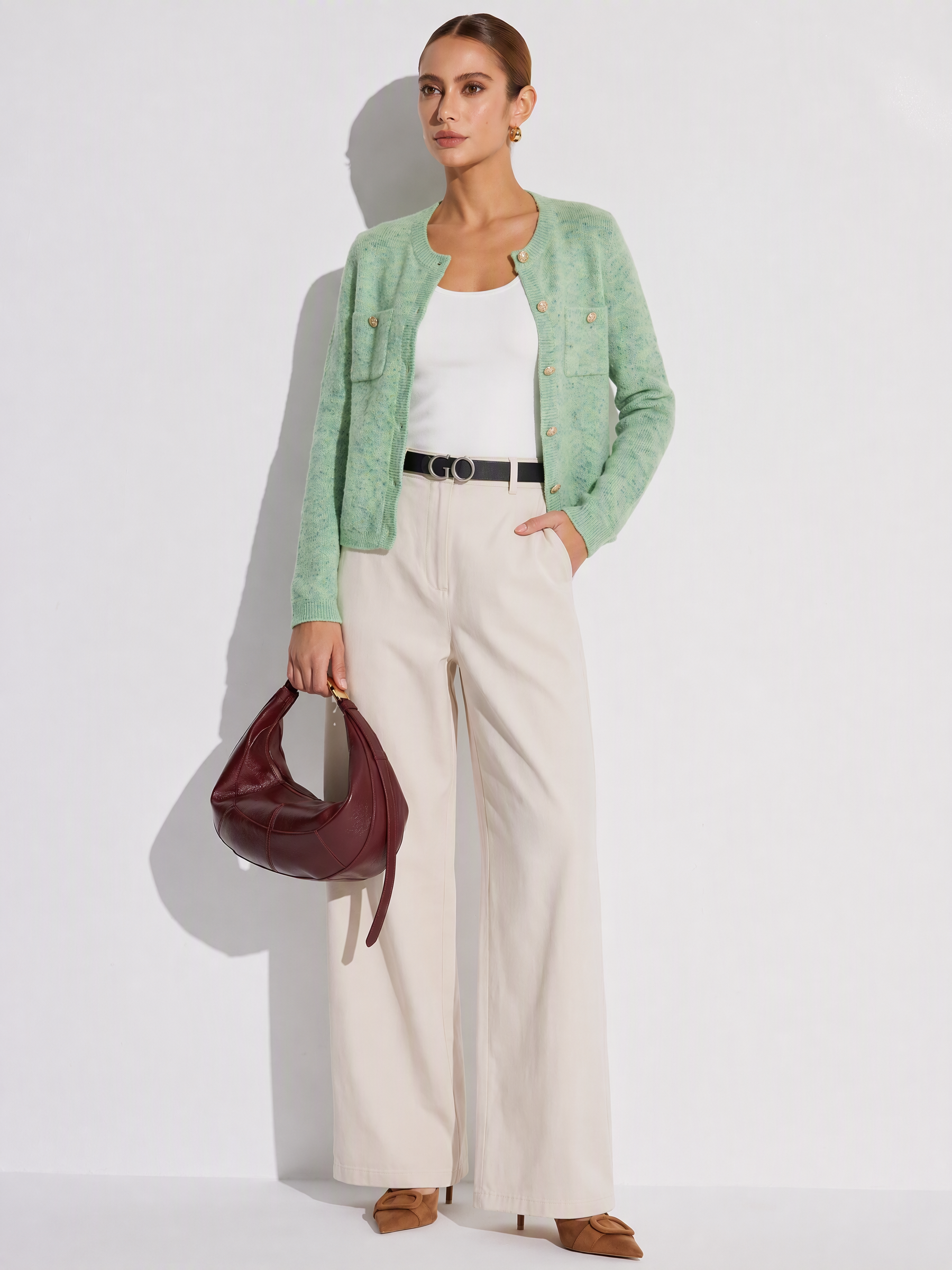 Melange Green Single Breasted Women Cardigan GOELIA