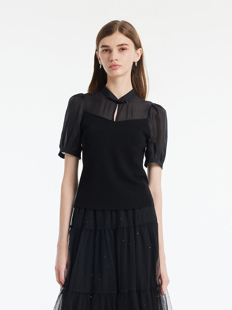 Mandarin Collared Patchwork Women Knit Top GOELIA