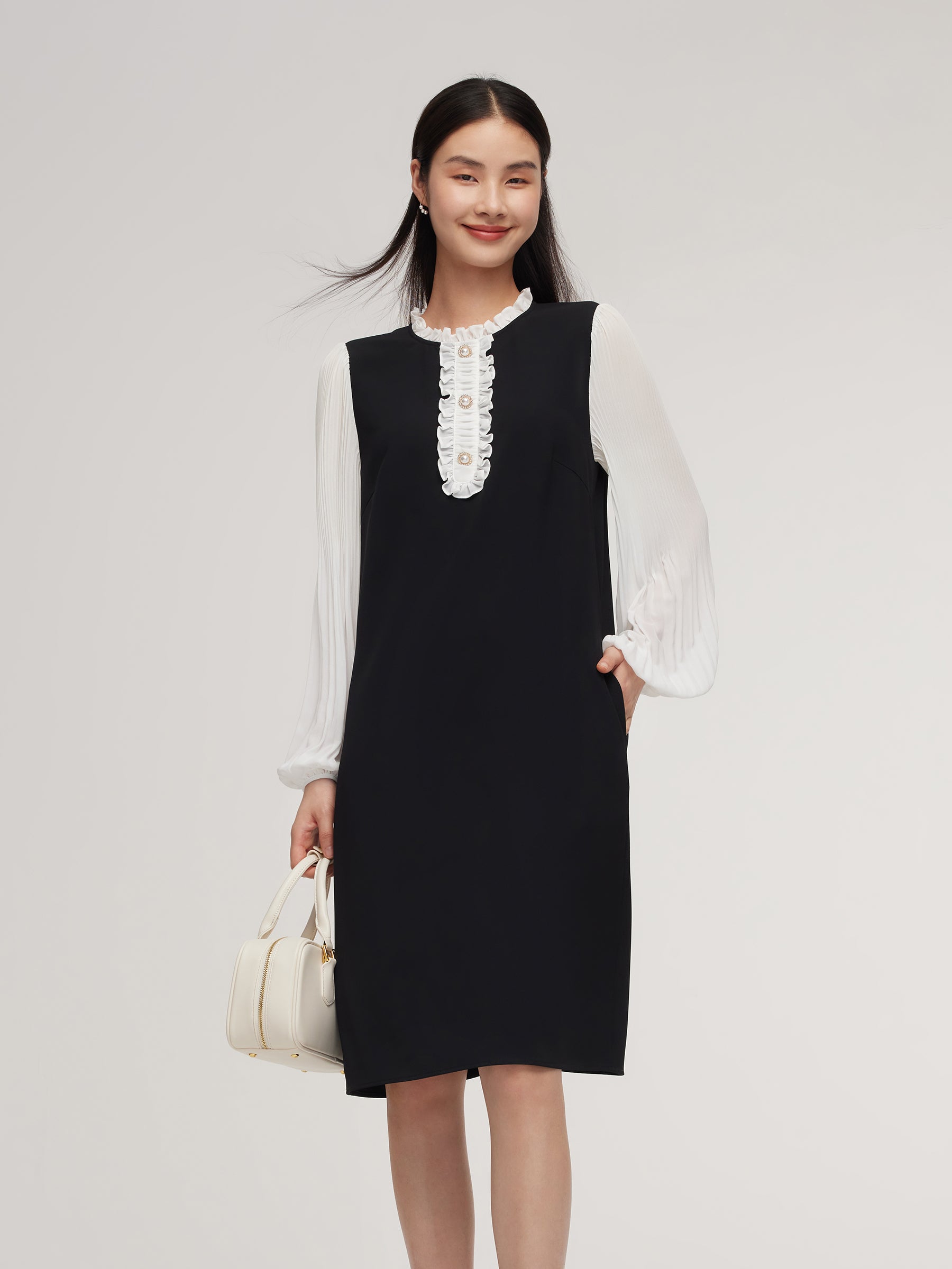 Patchwork Ruffle Collar Pleated Sleeve Women Mini Dress GOELIA