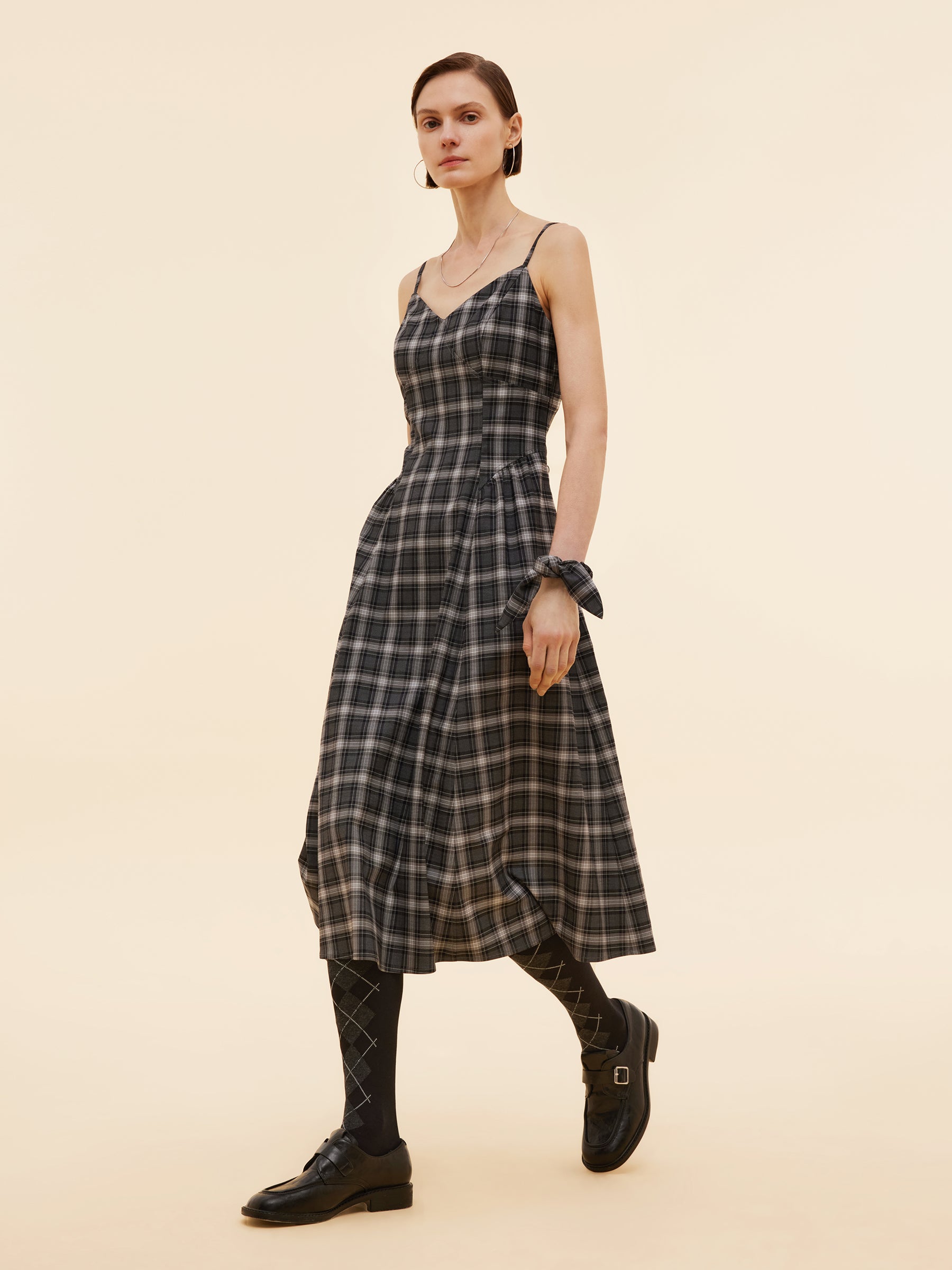 Black And Grey Plaid Women Strap Midi Dress GOELIA
